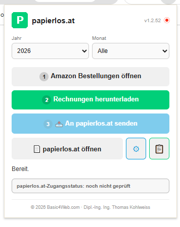 papierlos.at Chrome-Erweiterung – Amazon-Rechnungen automatisch herunterladen und archivieren. Zielsysteme: papierlos.at und Paperless-ngx.